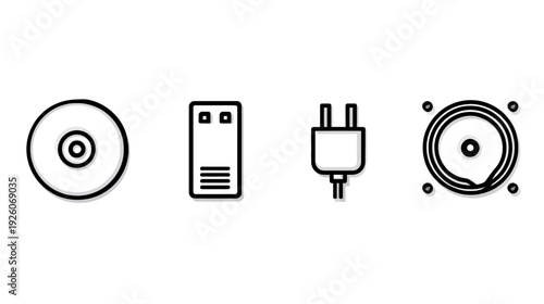 Modern technology icons set: digital data storage devices (CD, USB drive, hard disk) and an electrical power plug outline.
