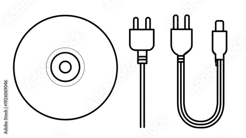 Digital storage disc, power cables, and electronic connectors line art set. Outline icons for technology, data, and power supply concepts.