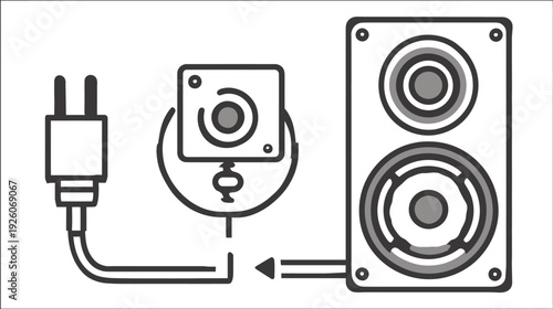 Audio speaker system connection diagram with power plug and outlet, illustrating electrical setup for sound equipment installation.