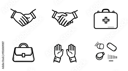 Essential line art icons set: business handshake, first aid kit, open hands, briefcase, and emergency items vector collection.