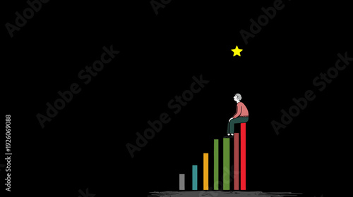 Conceptual illustration of a person sitting on top of a rising bar graph, aiming for a distant yellow star in the dark.