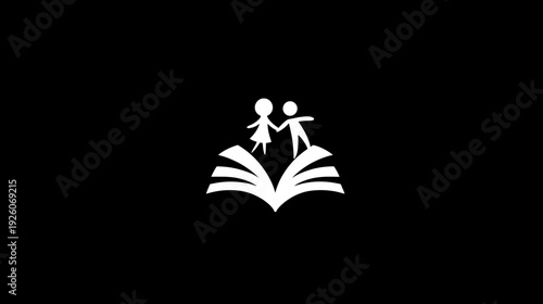 Children standing on an open book icon, symbolizing early education, reading, literacy, knowledge, and childhood learning.