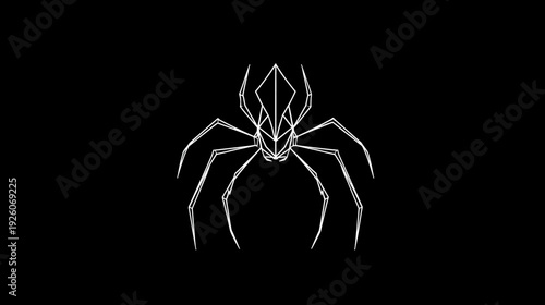 Stylized geometric spider illustration. Abstract minimalist line art arachnid graphic design on a dark black background. Modern insect art.