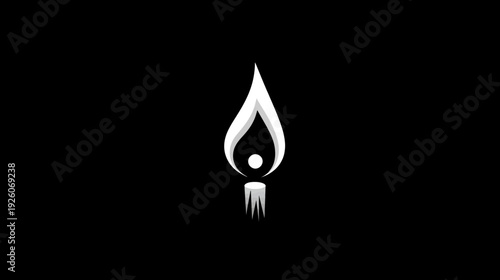 Abstract White Flame Icon on Black Background. Minimalist Symbol of Light, Spirit, Hope, and Inner Peace. Elegant Graphic Design.