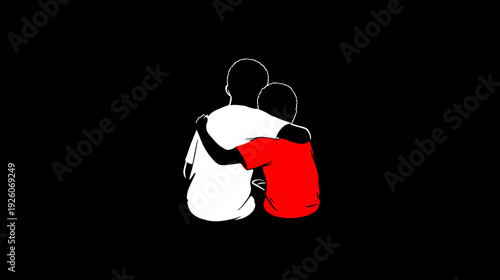 Loving embrace between an adult and child silhouettes against a stark black background, symbolizing family, care, and unity.