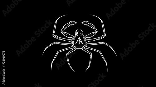 Stylized white outline spider illustration with 'A' mark on back, isolated on black background for graphic design, danger, mystery, or Halloween.
