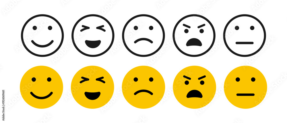 Fototapeta premium Rating and Feedback Emoticons Set with Happy, Neutral and Sad Emojis for Customer Reviews, Surveys and User Satisfaction Evaluation