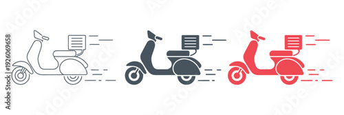 Food delivery line icon, pizza, motorcycle, and vehicle vector illustration, representing fast delivery service