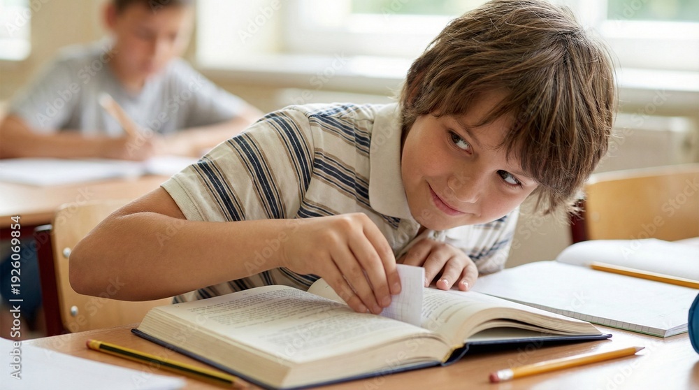 Fototapeta premium Child hiding note in book filled with atmosphere