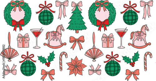 Festive Christmas Vector Collection, Wreaths, Ornaments, Tree, Gift Boxes, Candy Canes and Holiday Decorative Illustrations Set