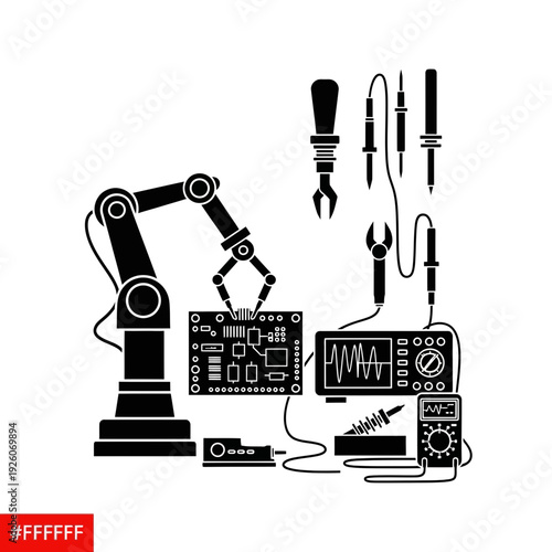 A robotic arm working on circuit boards with various tools