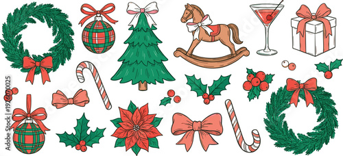 Hand Drawn Christmas Holiday Vector Collection, Festive Wreaths, Tree, Ornaments, Candy Canes, Gift Boxes and Seasonal Decorative Elements