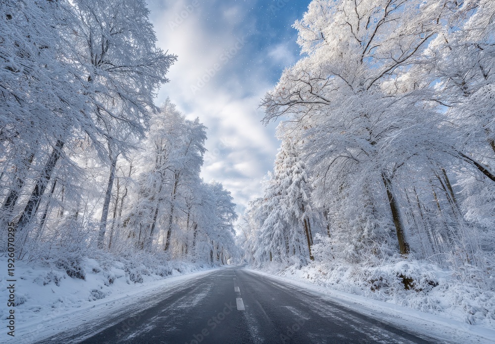 Obraz premium Snow Covered Road Through A Winter Forest With Falling Snow And Blue Sky Above