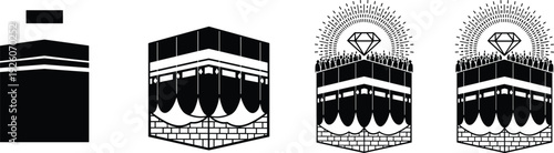 Minimal Black and White Kaaba Illustration Set Islamic Holy Mosque Vector Icon Collection Spiritual Architecture Design Concept Pilgrimage Symbol Artwork