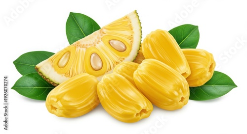 Fresh ripe jackfruit segments and a slice with green leaves