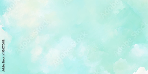 A soft and ethereal background featuring pale green and white watercolor washes creating a cloudy texture