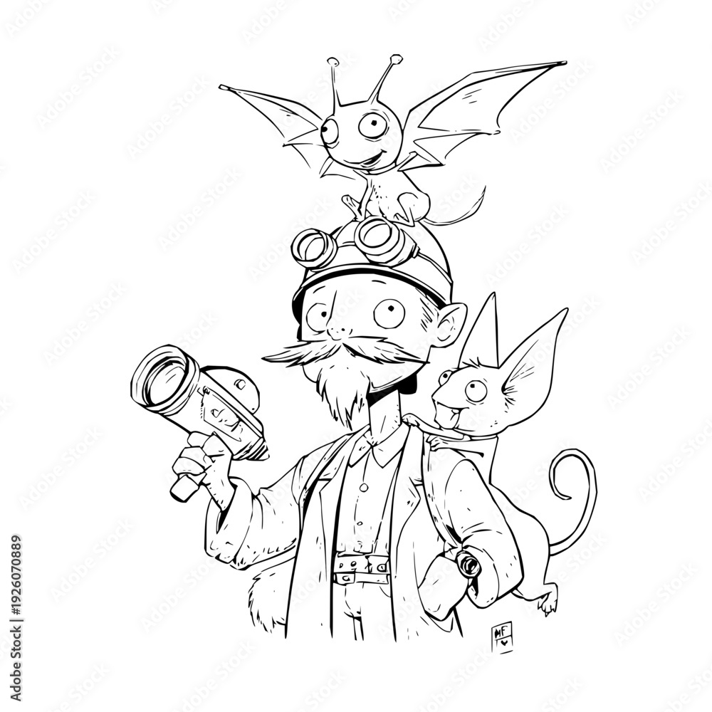 Fototapeta premium Cartoon detective with cat and bat on head holding magnifying glass