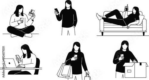 Modern woman using smartphone in daily life scenes shopping working relaxing at home minimalist black and white illustration set