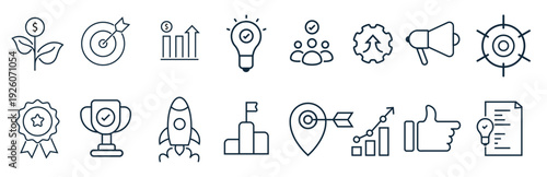 Success award growth win thumbs up key editable stroke outline icons set isolated Ranking line icons First place star rating and winner medal Shoulder strap army victory ribbon icons