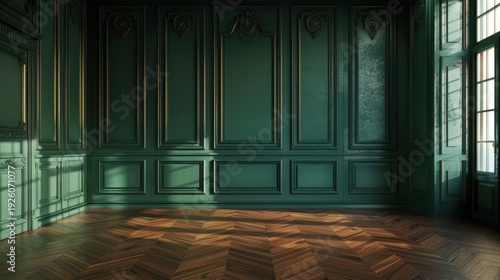 Empty elegant room with dark green paneled walls and wooden parquet floor bathed in sunlight.