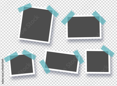Vintage Photo Frame Collage with Paper Pictures in Different Shapes, Isolated on Transparent Background with Blue Sticky Adhesive Tape Photo Album Design