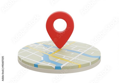 Red map pin on circular map isolated on white background