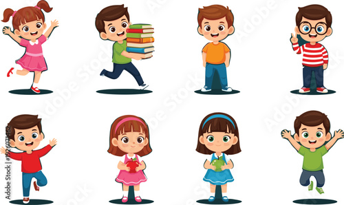 Cute Cartoon School Children Character Set with Boys and Girls in Different Poses for Education Illustration, Kids Book and Classroom Designs