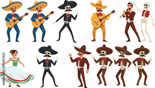 Mexican Mariachi and Day of the Dead Character Set with Skeleton Musicians, Traditional Costumes and Folk Dance Illustration Designs