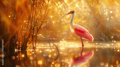 Elegant Roseate Spoonbill with vibrant pink feathers standing in shimmering golden water during a warm sunset
