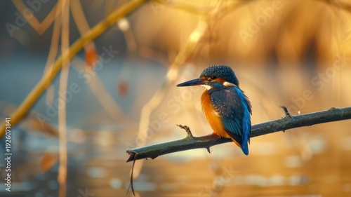 Kingfisher bird with striking blue and orange feathers, perched on a weathered branch with soft golden bokeh