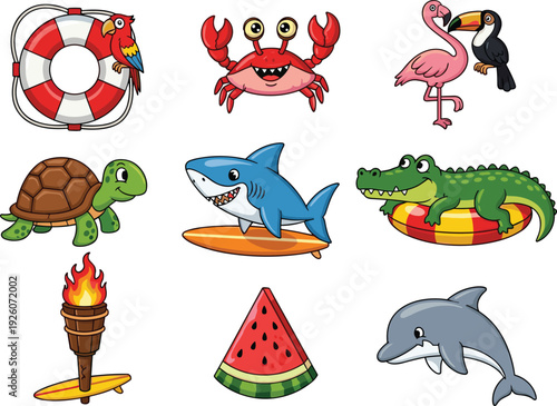 PrintCute Tropical Animal and Summer Icon Set with Parrot, Crab, Shark, Dolphin and Beach Elements for Kids Illustration Designs