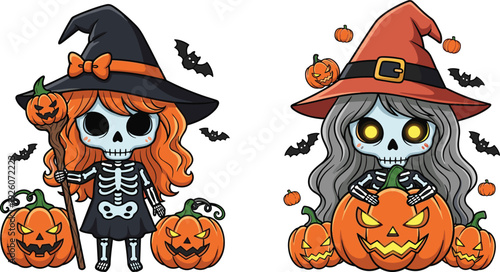 Cute Halloween skeleton girl wearing witch hat with jack o lantern pumpkins, spooky bats, and magic staff in cartoon character vector illustration.