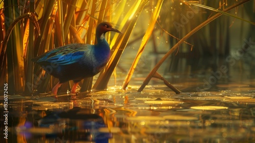 Colorful water bird walking through shallow water in a marsh, bathed in the golden light of sunrise