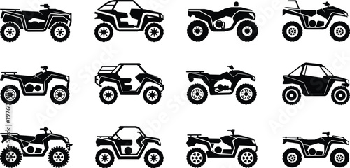 ATV and Quad Bike Silhouette Collection, Off Road All Terrain Vehicles Black Vector Illustration Set Isolated on White Background for Motorsport and Adventure Design
