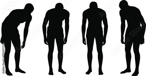 Male Body Silhouettes in Tired and Slouched Standing Poses, Black Vector Illustration of Exhausted Human Figures Isolated on White Background for Emotion and Health Concepts