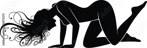 Sensual Woman Silhouette on All Fours with Flowing Hair, Elegant Black Vector Illustration Isolated on White Background for Erotic Art, Fashion, and Body Positivity Concepts