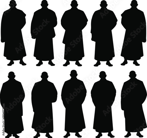 Monk Silhouette Collection in Traditional Robes, Standing Male Figures Black Vector Illustration Isolated on White Background for Religion, Spirituality, and Cultural Concepts