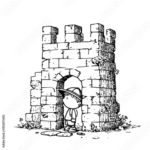 Sad Boy Hiding in Ruined Castle Archway with Hat