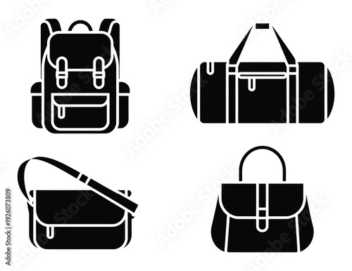 Silhouette illustration of various bag types for travel, work, and leisure, including backpacks, handbags, suitcases and tote bags in black vector style.