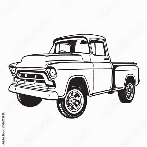 Vintage Pickup Truck Vector Black and White Illustration Design