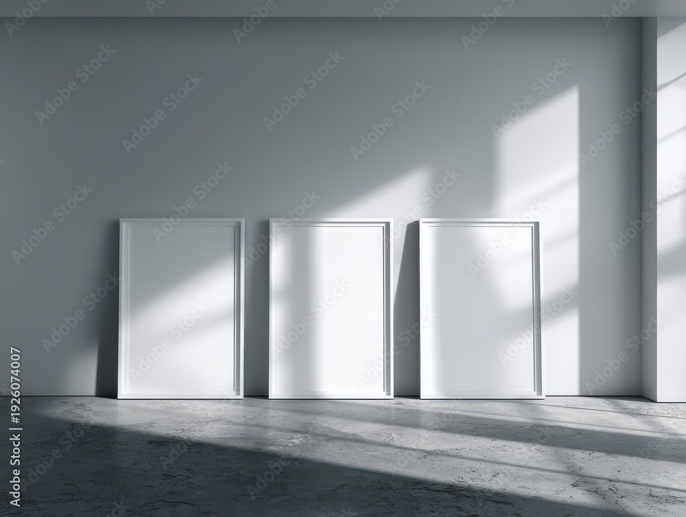 Fototapeta premium Three Blank White Frames Leaning Against A Light Gray Wall With Sunlight Shadows On A Concrete Floor