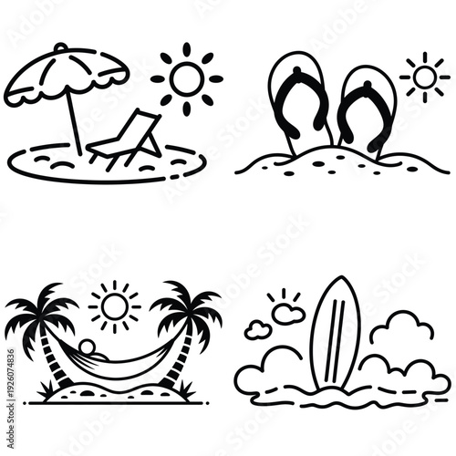 Summer beach vacation outline icons set with umbrella, flip flops and surfing