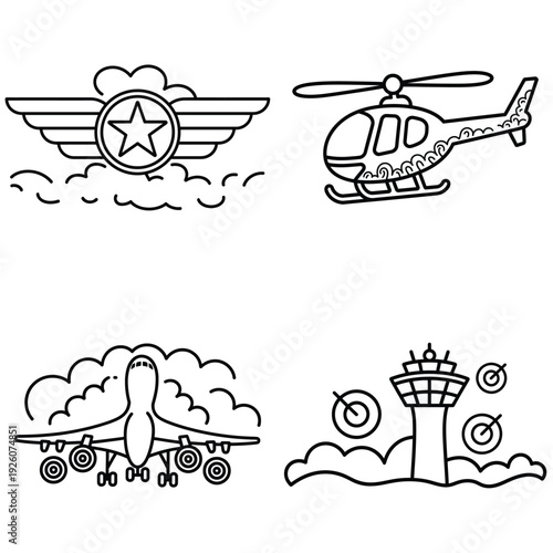 Aviation and airport transport outline icons set vector illustration