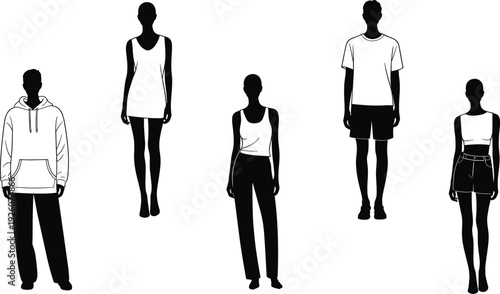 Fashion Model Silhouettes Collection, Male and Female Outfits, Casual and Formal Poses, Clothing Mockup, Vector Black Figures on White Background