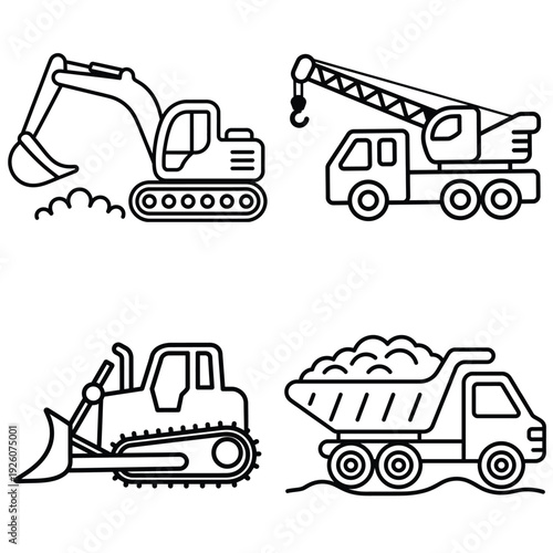 Construction vehicle icon set with excavator crane bulldozer and dump truck vector line art.