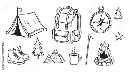 Essential items for camping and hiking adventures including a tent, backpack, compass, and campfire, perfect for outdoor themed projects and exploration graphics.