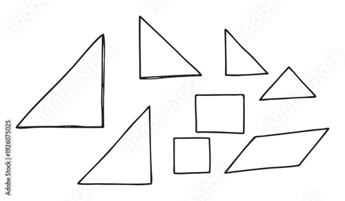A playful assortment of handdrawn geometric shapes featuring triangles, squares, and a parallelogram, useful for educational content, teaching basic geometry, and simple graphic