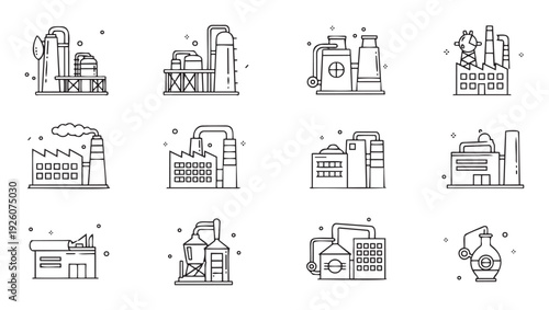 Collection of industrial factory and processing plant line icons ideal for vector graphics web applications print materials and digital product interfaces