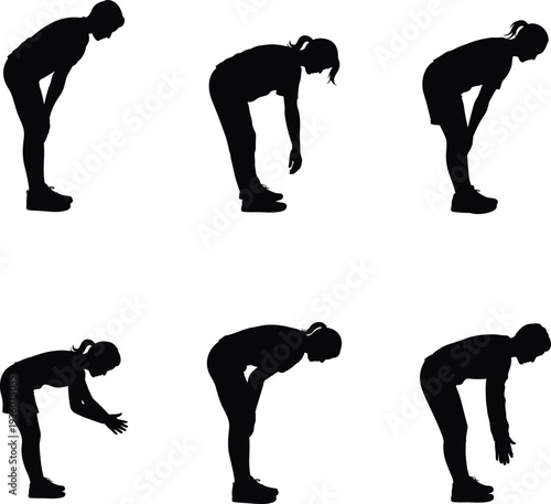 Stretching Exercise Silhouettes Set, Women Bending Forward Warm Up Poses, Fitness Training Vector Collection Isolated on White Background