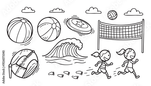 Energetic kids playing summer beach games with various equipment like balls, frisbee, and net for vacation activity and healthy lifestyle promotions